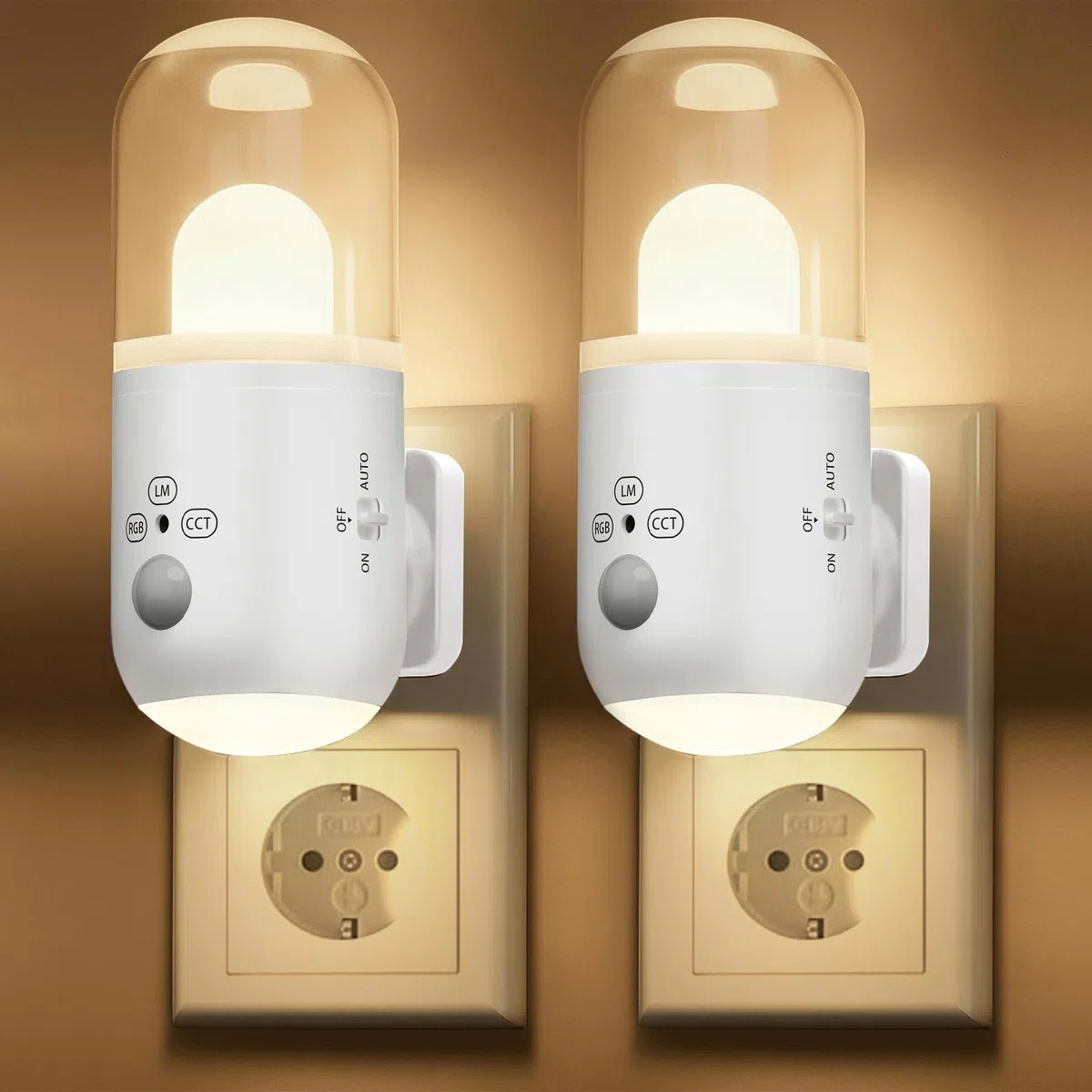 Nachtlicht Steckdose mit Bewegungsmelder & Dämmerungssensor,3 Farbtemperaturen，RGB 8 Modi,5 Helligkeitsstufen (20-240 LM) für Flur Treppe Schlafzimmer Wohnzimmer (Weiß 2 Stück)