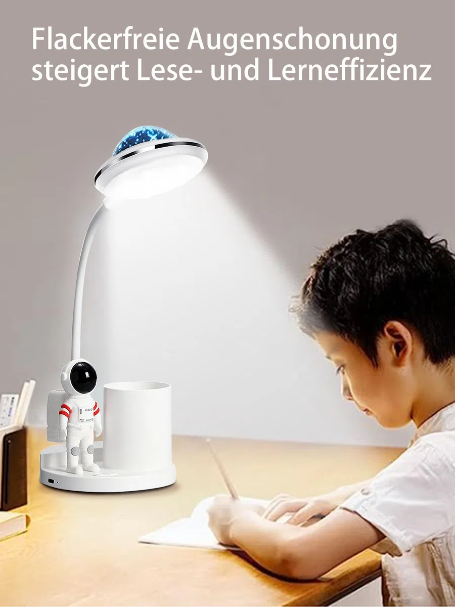 Schreibtischlampe Kinder, LED Astronaut Tragbar Tischlampe, Leselampe mit Projektion &Bleistifthalter, Schreibtischlampe Dimmbar Wiederaufladbar Lampe für Student Schlafsaal Studie Lesen