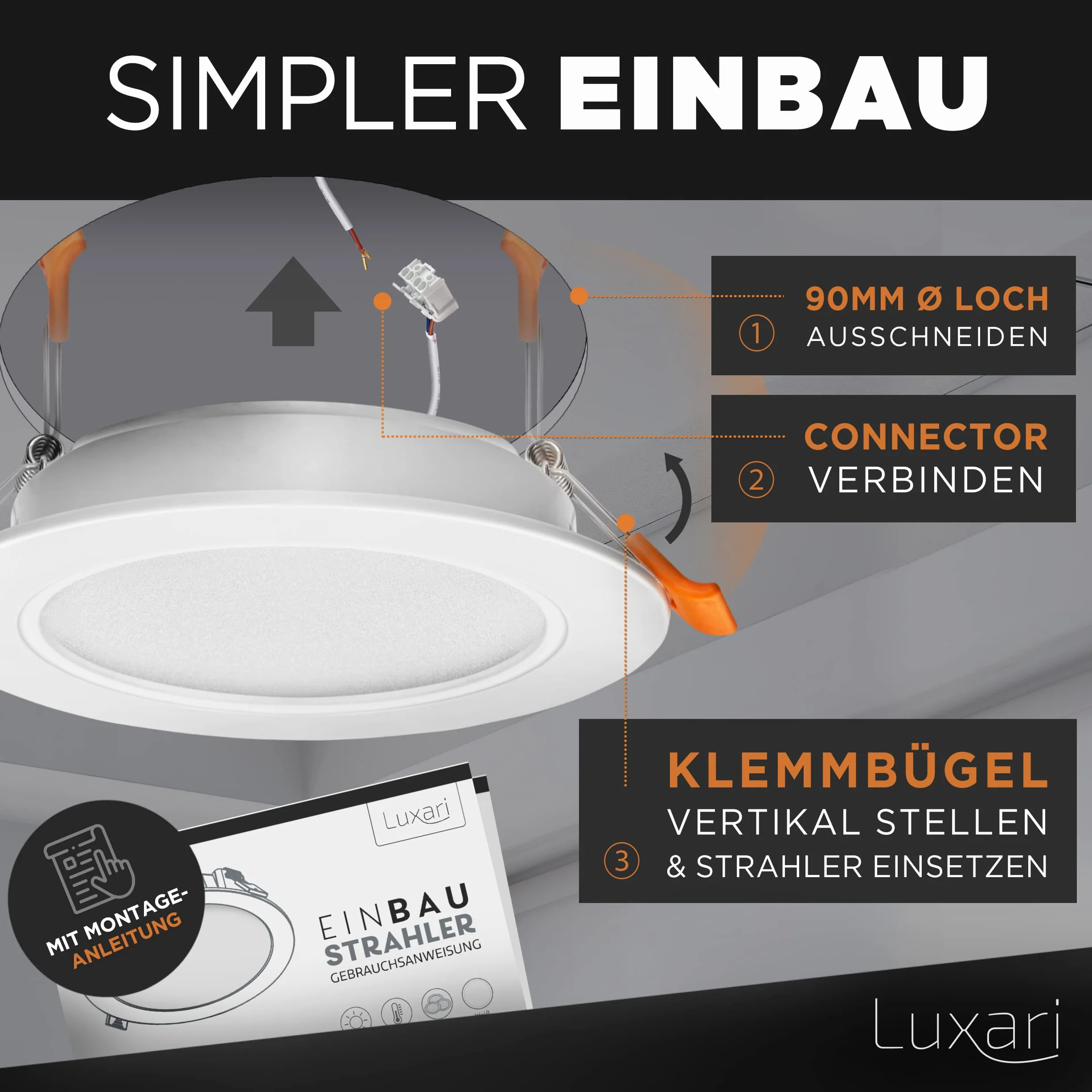 LED Einbaustrahler 230V flach [6er Set 9W] – IP54 Deckenstrahler für Bad – 3000K Warmweiß, 900lm, 90-105mm, LED Einbauleuchten Spots