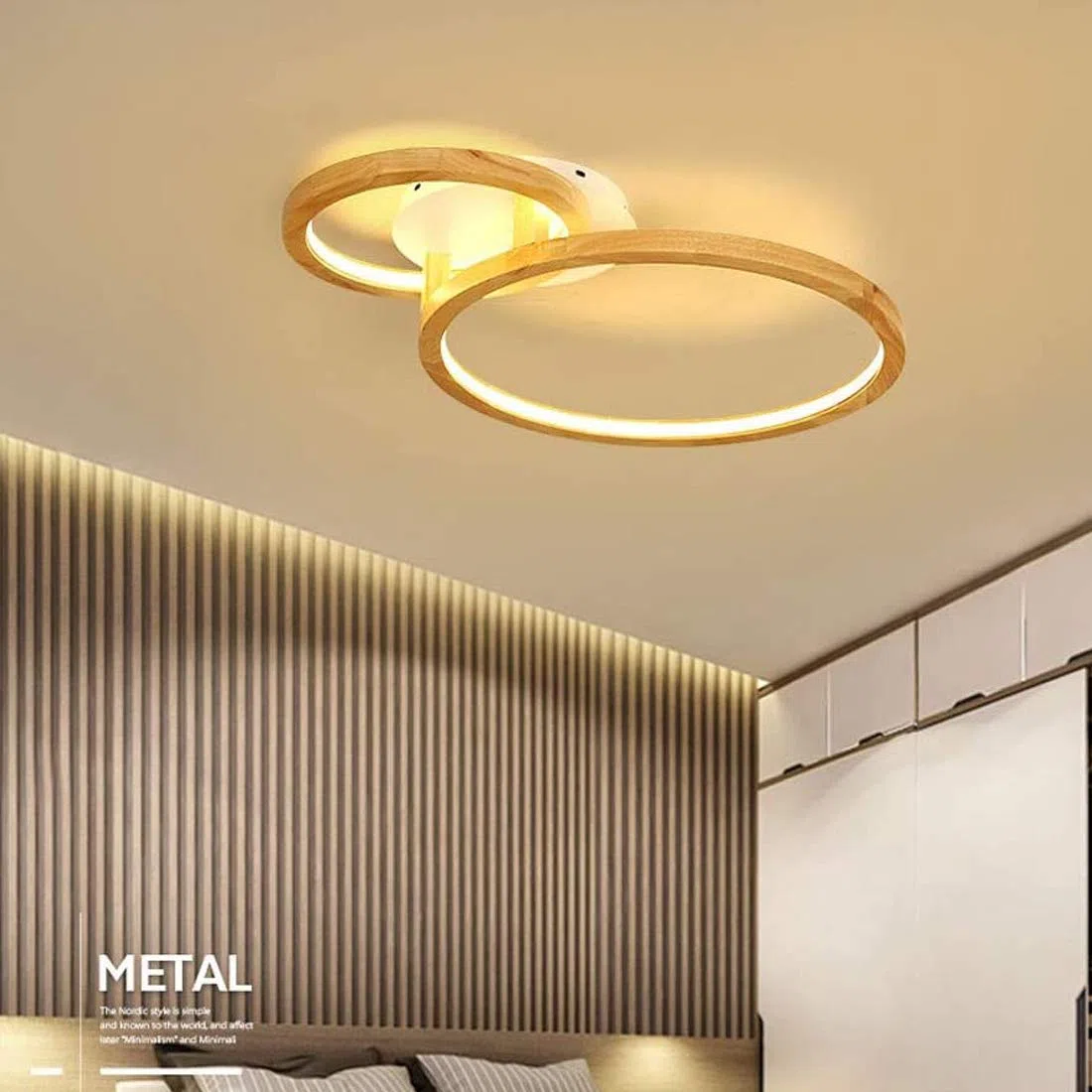 Etage LED-Deckenleuchte Holz, Deckenlampe Wohnzimmer mit Fernbedienung, Schlafzimmer Leuchte, 2-Flammig, Modern Designlampen, Ring Deko Acryl-Schirm, Holzlampe Dimmbar Inkl. Fernbedienung (Ø72*51cm)
