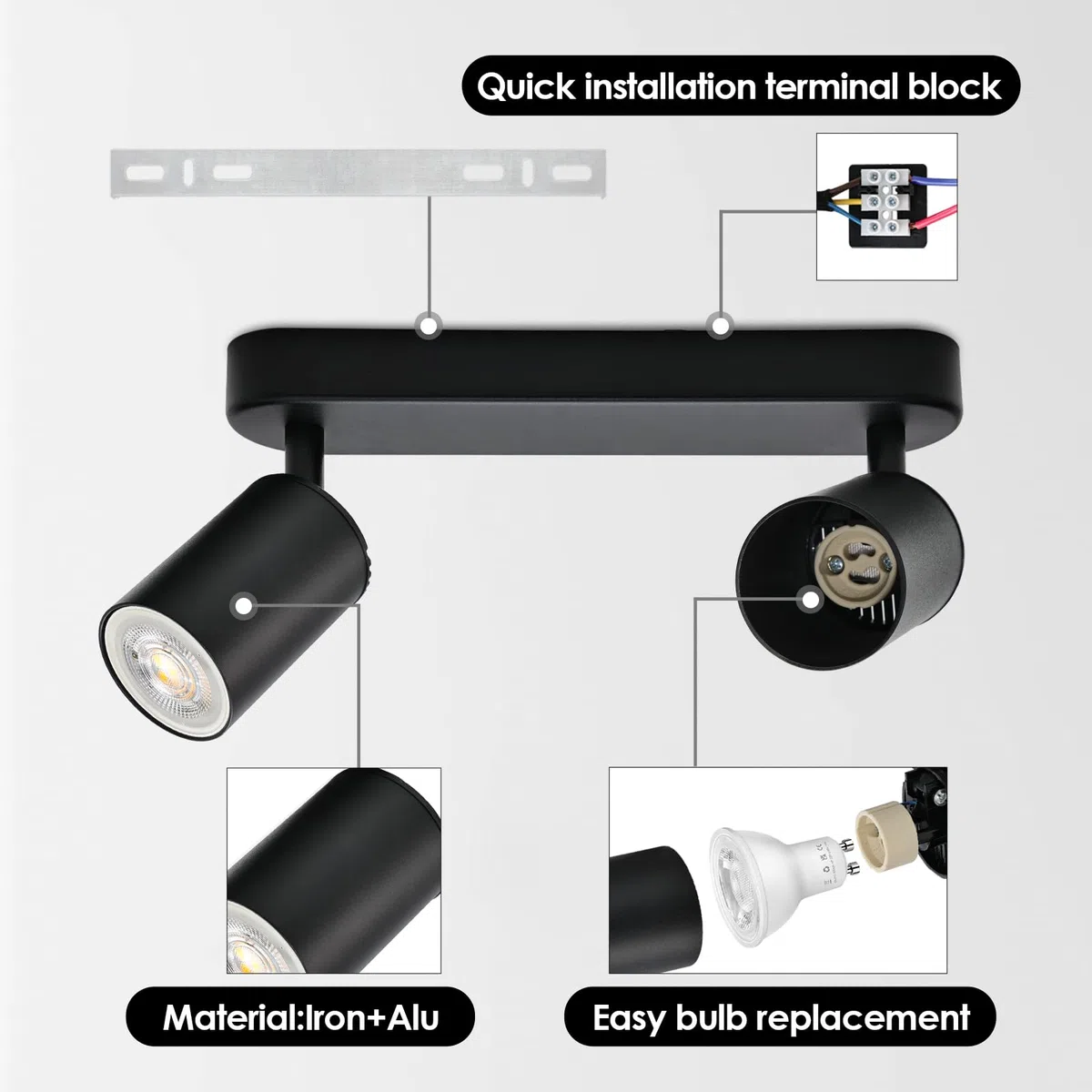 KYOTECH Deckenstrahler 2 Flammig Schwarz Spot Lampe LED Deckenleuchte Schwenkbar GU10 Deckenlampe Strahler Deckenspots Modern Flurlampe für Küche Wohnzimmer Schlafzimmer Ohne Leuchtmittel