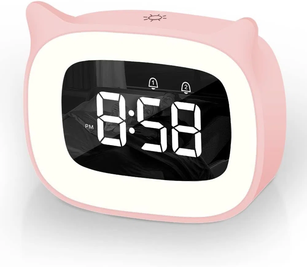 Wecker Digital Kinder, Dual-Wecker mit licht Digital, Cute Katzen Kinderwecker Nachttischlampe Snooze Funktion 18 Musik 5 Helligkeitsmodus, zeitgesteuertes Nachtlicht wecker (Rosa)