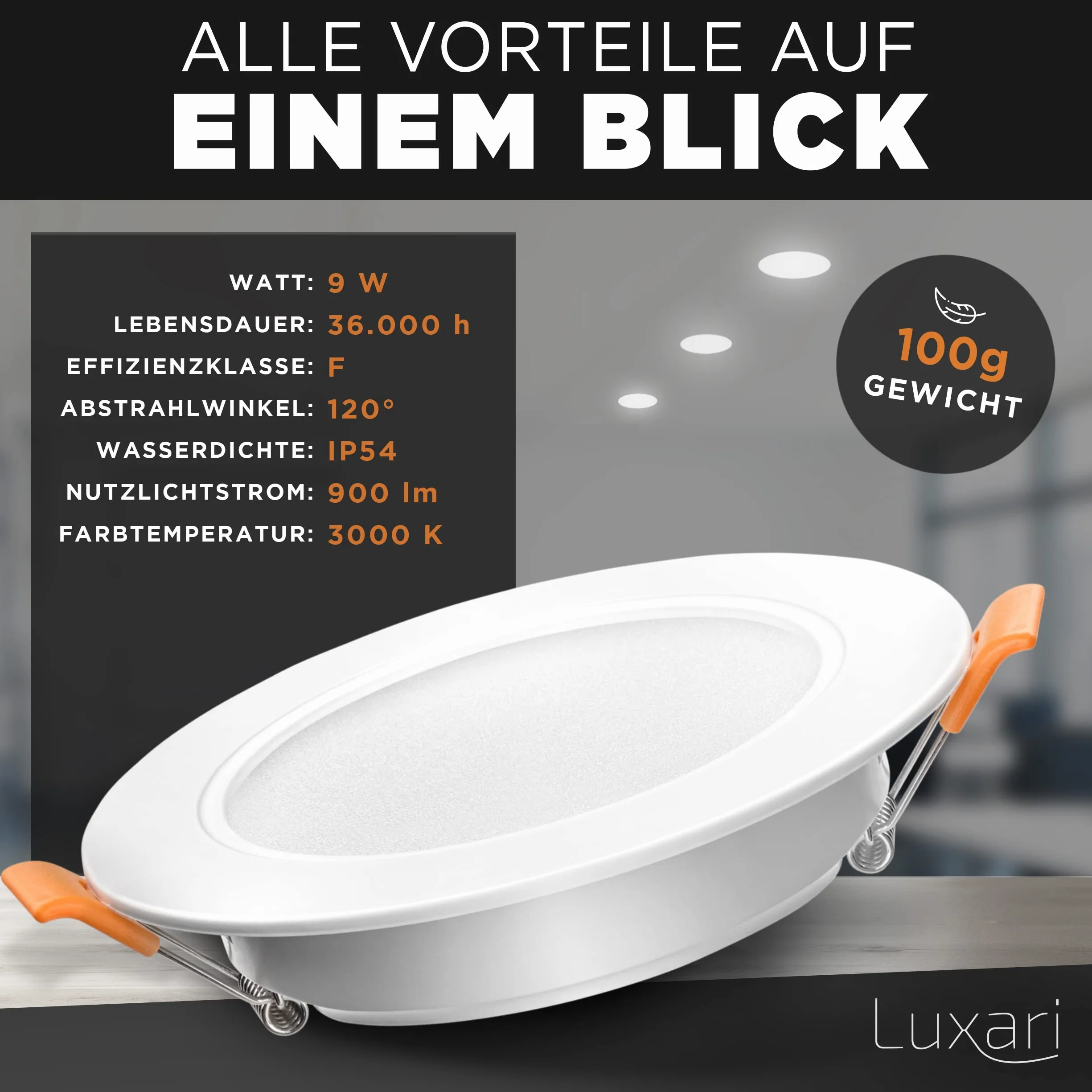 LED Einbaustrahler 230V flach [6er Set 9W] – IP54 Deckenstrahler für Bad – 3000K Warmweiß, 900lm, 90-105mm, LED Einbauleuchten Spots