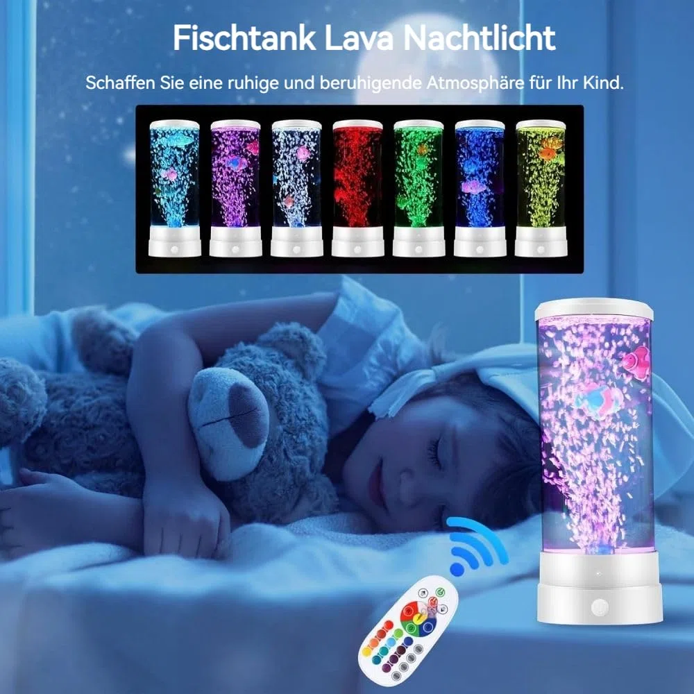 LED Bubble Fisch Lampe Säule, Aquarium Lavalampen Fischlampe, RGB Lava Lamp mit Fernbedienung, 16 Farben Und 4 Modi Lavalampe Kinder, für Büro, Zuhause, Geschenke (Schwarz)