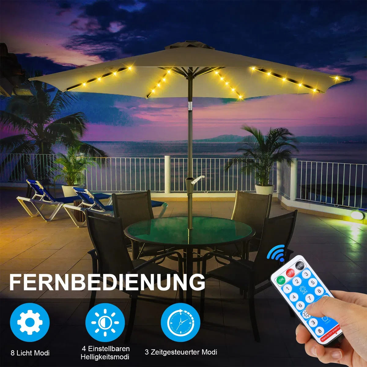 Sonnenschirm Beleuchtung Solar,Regenschirm Lichterkette mit 104 LEDs Lichter und Fernbedienung 8-Modus, IP67 Wasserdichte Gartenleuchten für Schirmdekoration,Campingzelte,Außen und Innen Deko Licht