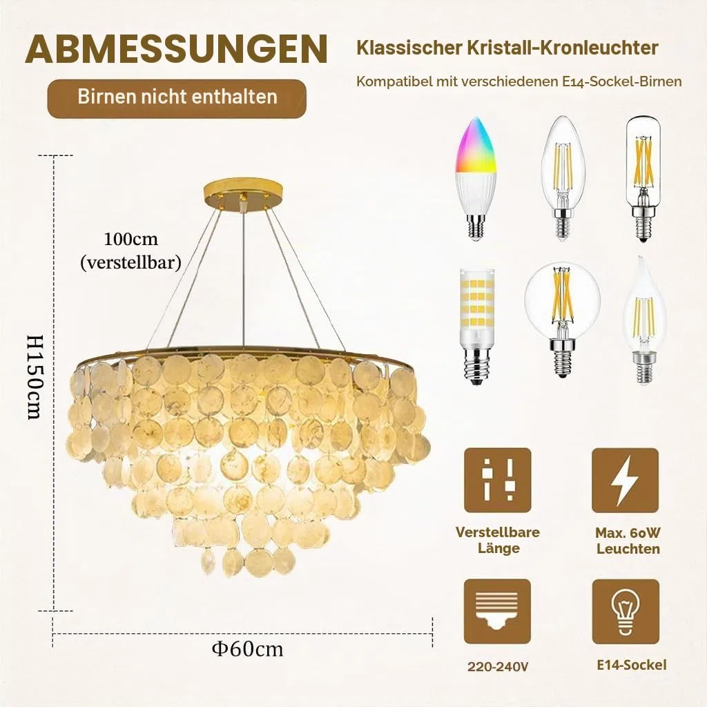 Vintage Gold Kronleuchter E14 Innendekorative Beleuchtung Natürliche Muschel Deckenlampe Höhenverstellbar Schicke Antike Capiz Muschel Beleuchtung Moderner Küstenstil Geeignet Esszimmer Wohnzim