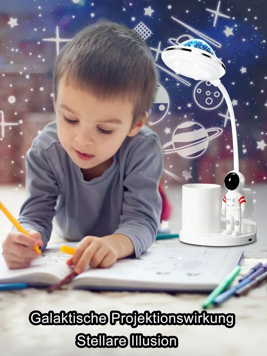Schreibtischlampe Kinder, LED Astronaut Tragbar Tischlampe, Leselampe mit Projektion &Bleistifthalter, Schreibtischlampe Dimmbar Wiederaufladbar Lampe für Student Schlafsaal Studie Lesen