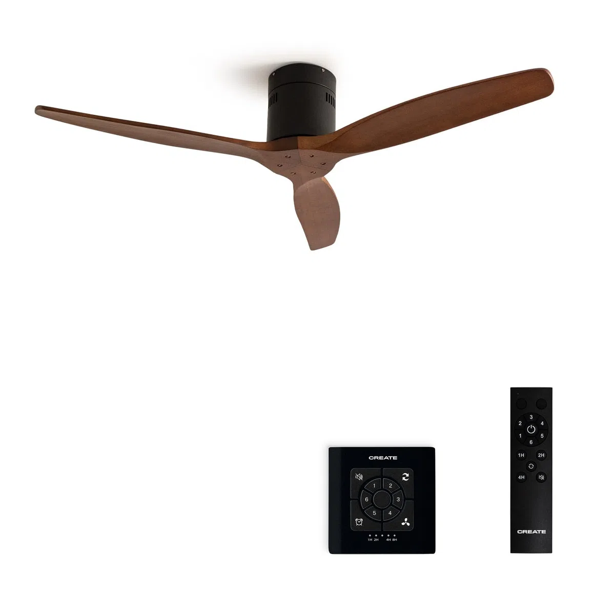 CREATE / WINDCALM M/Deckenventilator ABS Schwarz Dunkelholzflügel-Optik mit Fernbedienung und Wandschalter / 40W, Leise, Ø132cm, Timer von 1 bis 4 Std., DC-Motor, Sommer-Winterbetrieb