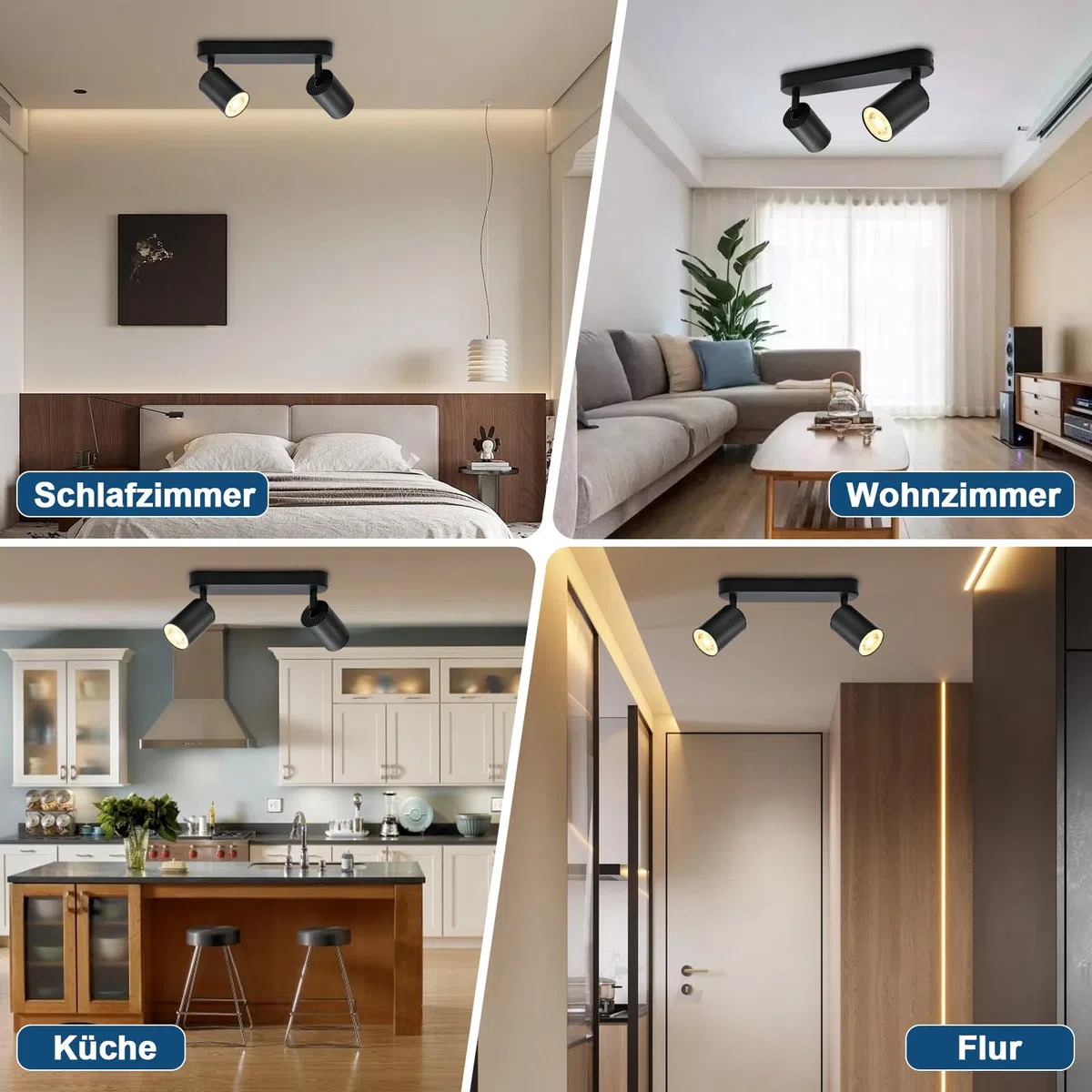 KYOTECH Deckenstrahler 2 Flammig Schwarz Spot Lampe LED Deckenleuchte Schwenkbar GU10 Deckenlampe Strahler Deckenspots Modern Flurlampe für Küche Wohnzimmer Schlafzimmer Ohne Leuchtmittel