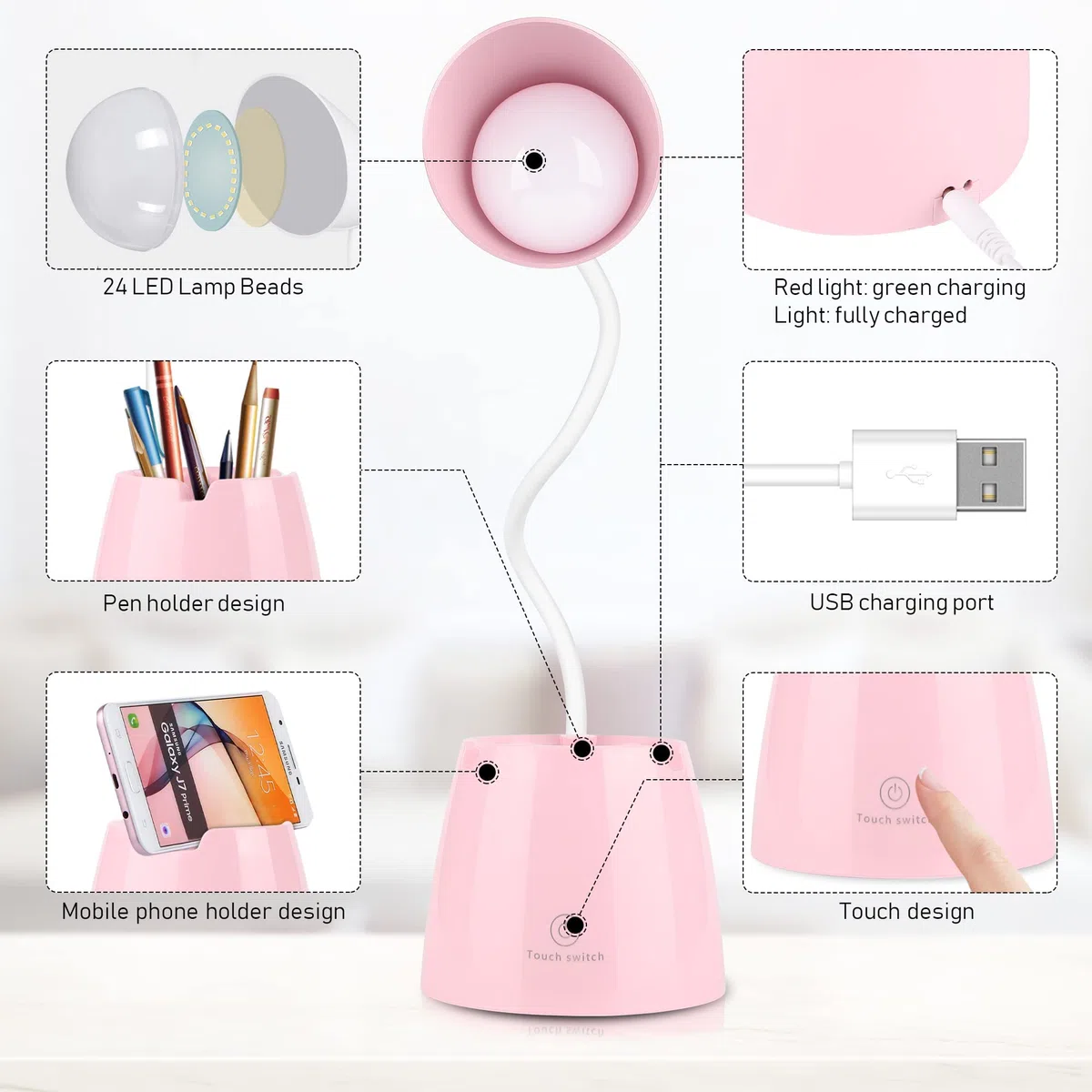 Schreibtischlampe Kinder, Molbory LED Dimmbare 24 Led Augenfreundliche Tischlampe 3 Helligkeitsstufen USB Wiederaufladbar Touch-Schalter Schreibtischlampe Kinder für Lesen,Studieren,Arbeit(Rosa)