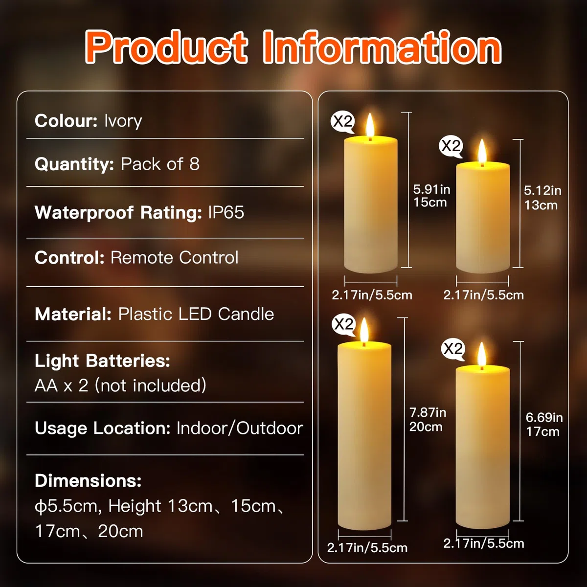 Ketom 8 Stück LED Kerzen mit Fernbedienung, Elektrische Kerzen mit Timer Outdoor, Batterie Dekorative Kerze, D5,5cm, H13/15/17/20cm, für Camping, Home Deco, Festivals, Elfenbein, Ohne Batterien