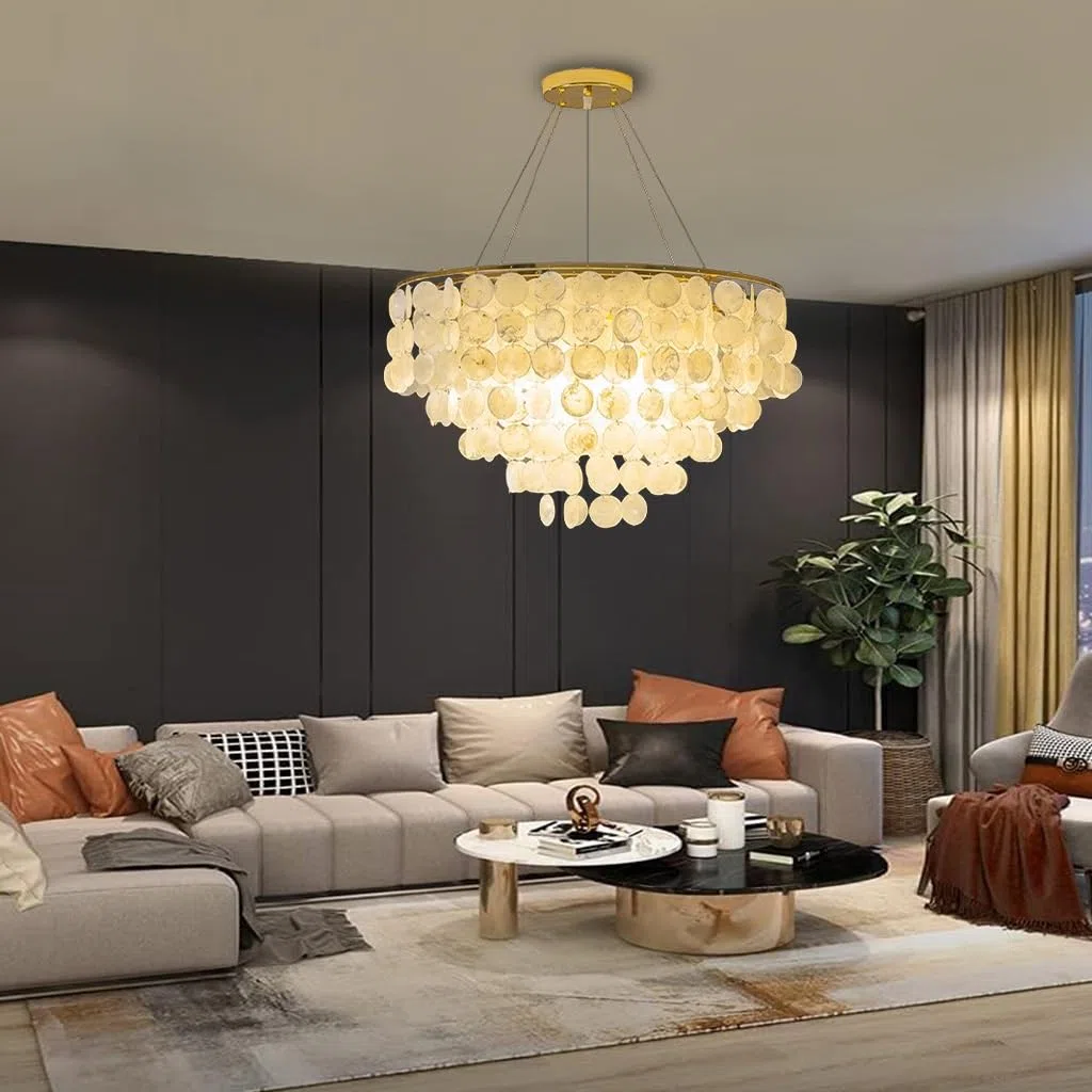Vintage Gold Kronleuchter E14 Innendekorative Beleuchtung Natürliche Muschel Deckenlampe Höhenverstellbar Schicke Antike Capiz Muschel Beleuchtung Moderner Küstenstil Geeignet Esszimmer Wohnzim