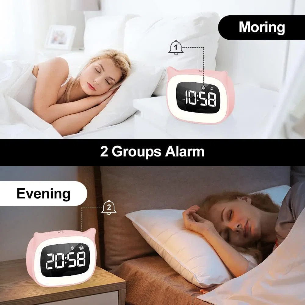 Wecker Digital Kinder, Dual-Wecker mit licht Digital, Cute Katzen Kinderwecker Nachttischlampe Snooze Funktion 18 Musik 5 Helligkeitsmodus, zeitgesteuertes Nachtlicht wecker (Rosa)