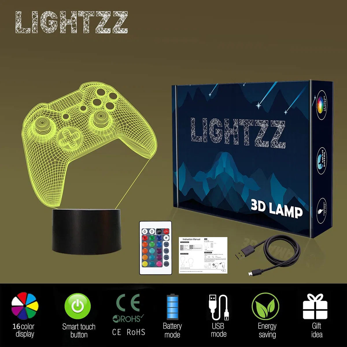 3D Gamepad Nachtlicht, Lightzz Game Console Illusionslampe mit Fernbedienung + Touch 16 Farbblinken Wechseln + Timer Schreibtischlampen Kinderzimmer Geschenke für Spielefan | Wechselnde Farben, Timer, Schreibtischlampe – perfekt als Dekoration für Kinderz