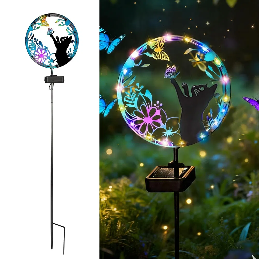 Solarstecker für Außen Garten, Solarleuchte Katze, Metall Solar Tiere für Außen Garten mit Schmetterling, Solar Gartenstecker, Gartendeko Solarlampen für Au-ßen Balkon Außenterrasse