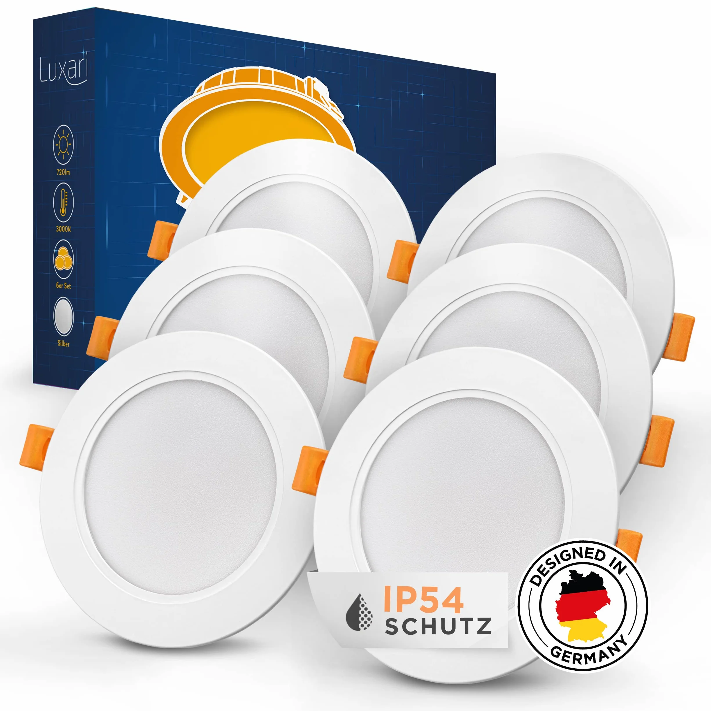 LED Einbaustrahler 230V flach [6er Set 9W] – IP54 Deckenstrahler für Bad – 3000K Warmweiß, 900lm, 90-105mm, LED Einbauleuchten Spots