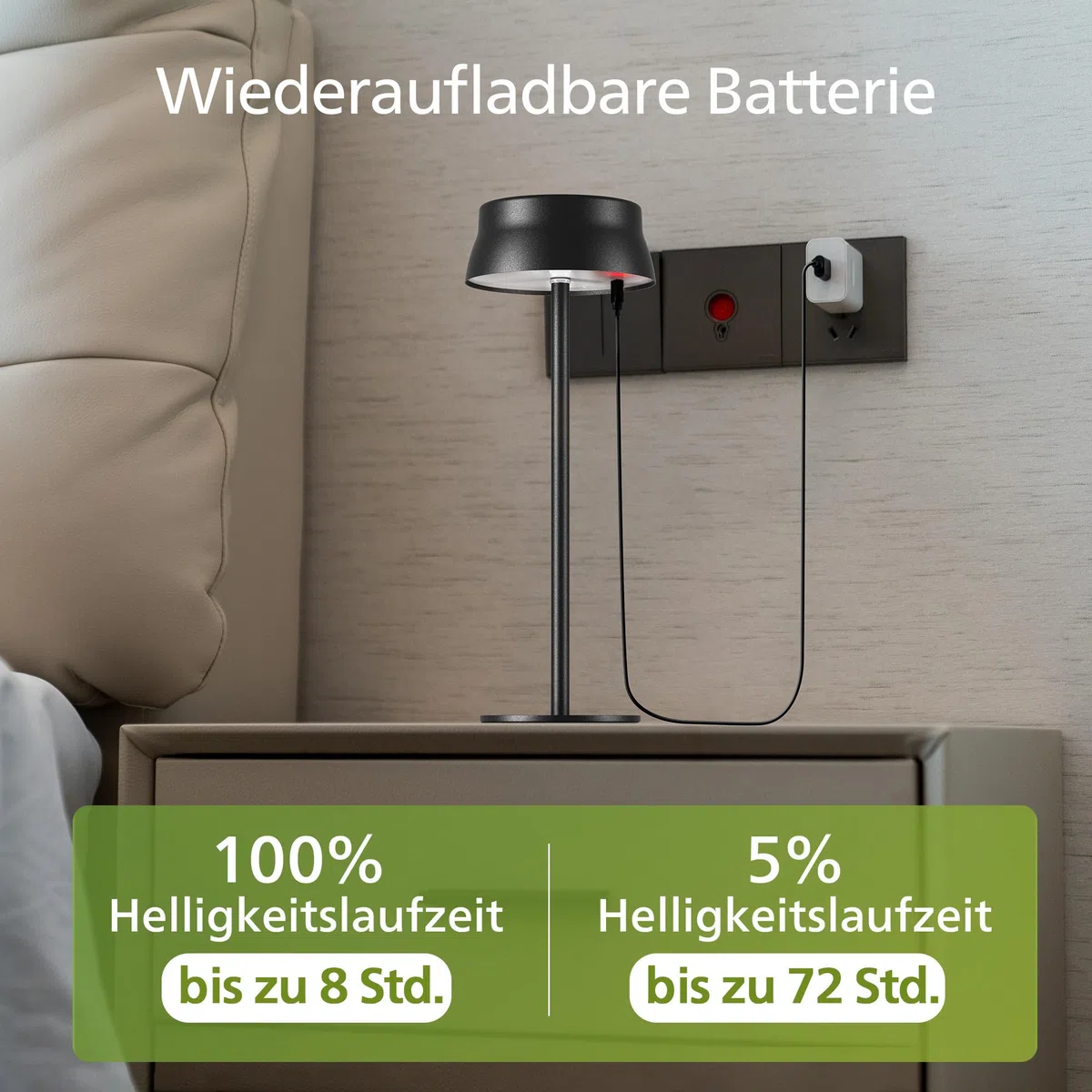 Philips Tischlampe Kabellose 2 Stück, Portable LED Akku Tischleuchte mit 2 stufig höhenverstellbar, Touch Stufenlos Dimmbar Nachtlicht, Wasserdicht für Schlafzimmer, Schwarz
