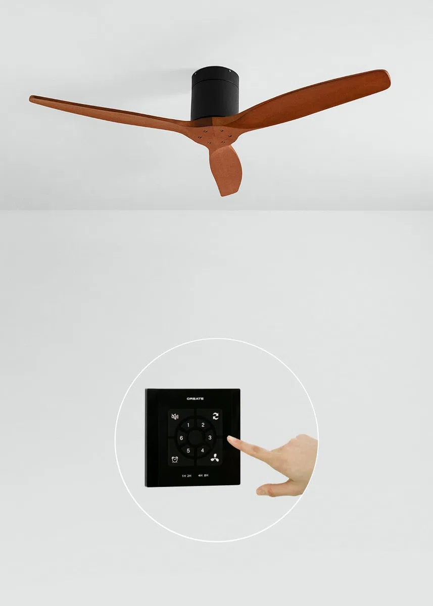 CREATE / WINDCALM M/Deckenventilator ABS Schwarz Dunkelholzflügel-Optik mit Fernbedienung und Wandschalter / 40W, Leise, Ø132cm, Timer von 1 bis 4 Std., DC-Motor, Sommer-Winterbetrieb