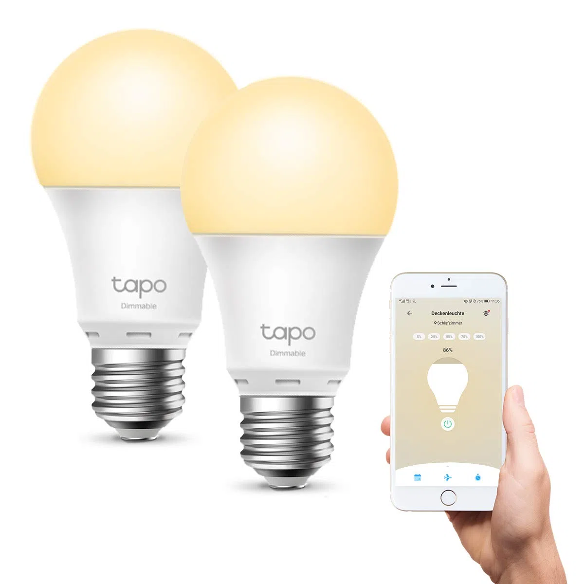 Tapo TP-Link L510E smarte WLAN Glühbirne E27, dimmbar 8.7 W, kein Hub notwendig, kompatibel mit Alexa, Google Assistant, Abläufe und Zeitpläne, Abwesenheitmodus, App, Warm Weiß, 2er pack