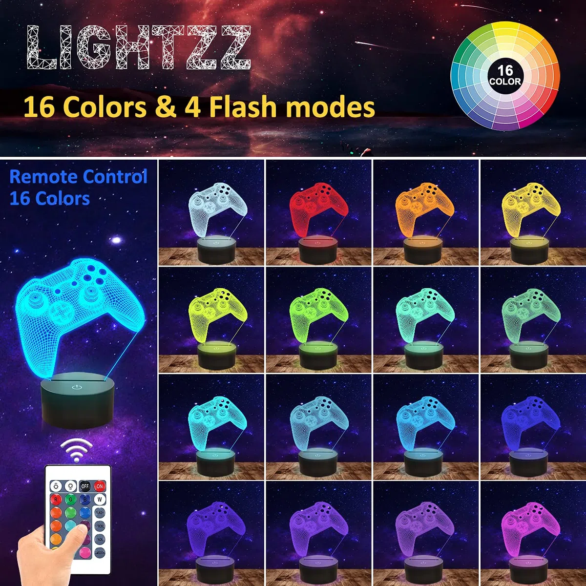 3D Gamepad Nachtlicht, Lightzz Game Console Illusionslampe mit Fernbedienung + Touch 16 Farbblinken Wechseln + Timer Schreibtischlampen Kinderzimmer Geschenke für Spielefan | Wechselnde Farben, Timer, Schreibtischlampe – perfekt als Dekoration für Kinderz