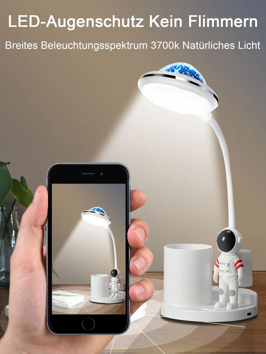 Schreibtischlampe Kinder, LED Astronaut Tragbar Tischlampe, Leselampe mit Projektion &Bleistifthalter, Schreibtischlampe Dimmbar Wiederaufladbar Lampe für Student Schlafsaal Studie Lesen