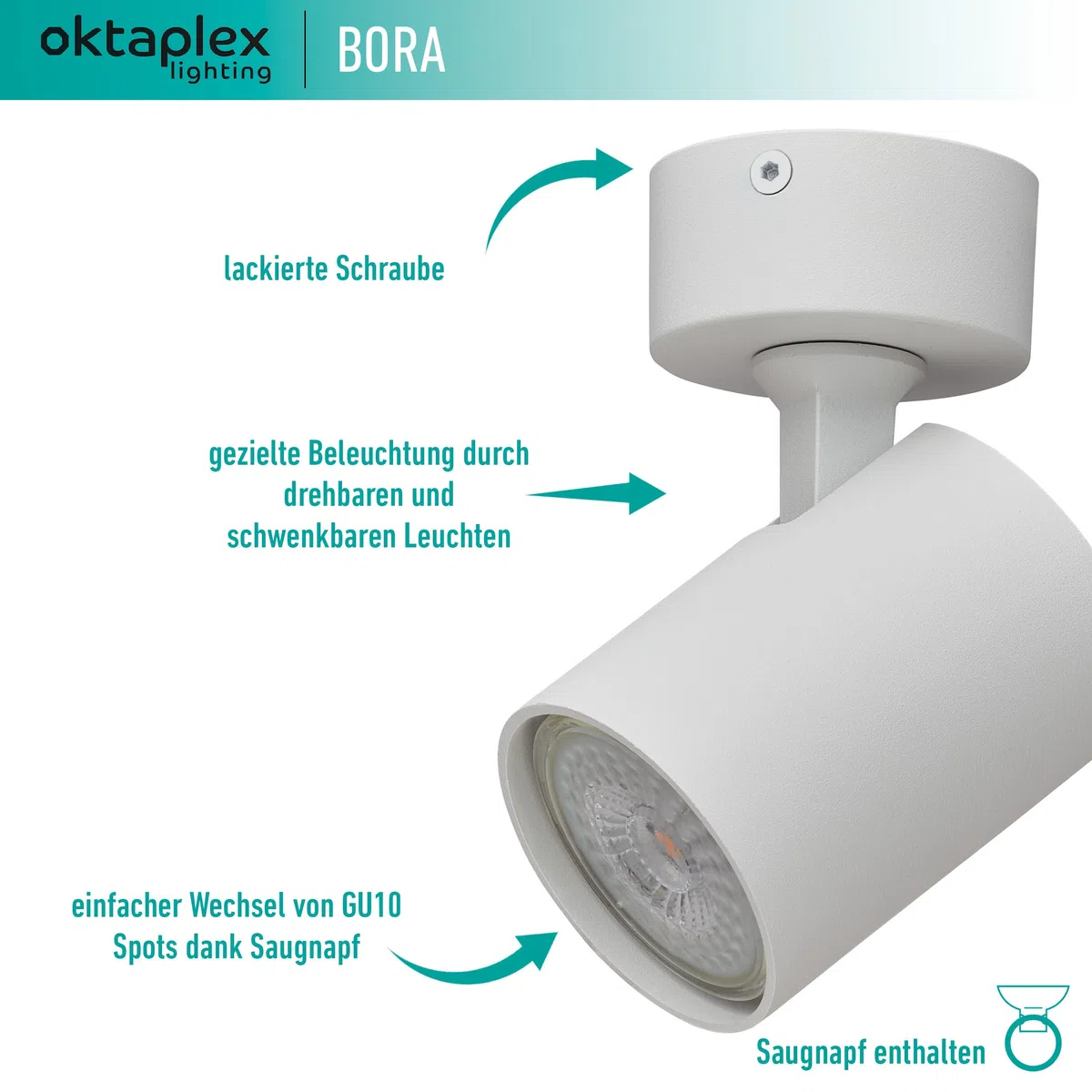 Oktaplex Bora Deckenstrahler 1-flammig weiss schwenkbar | GU10 LED Spotleuchte 230V Spotbalken - Strahler-Deckenleuchte