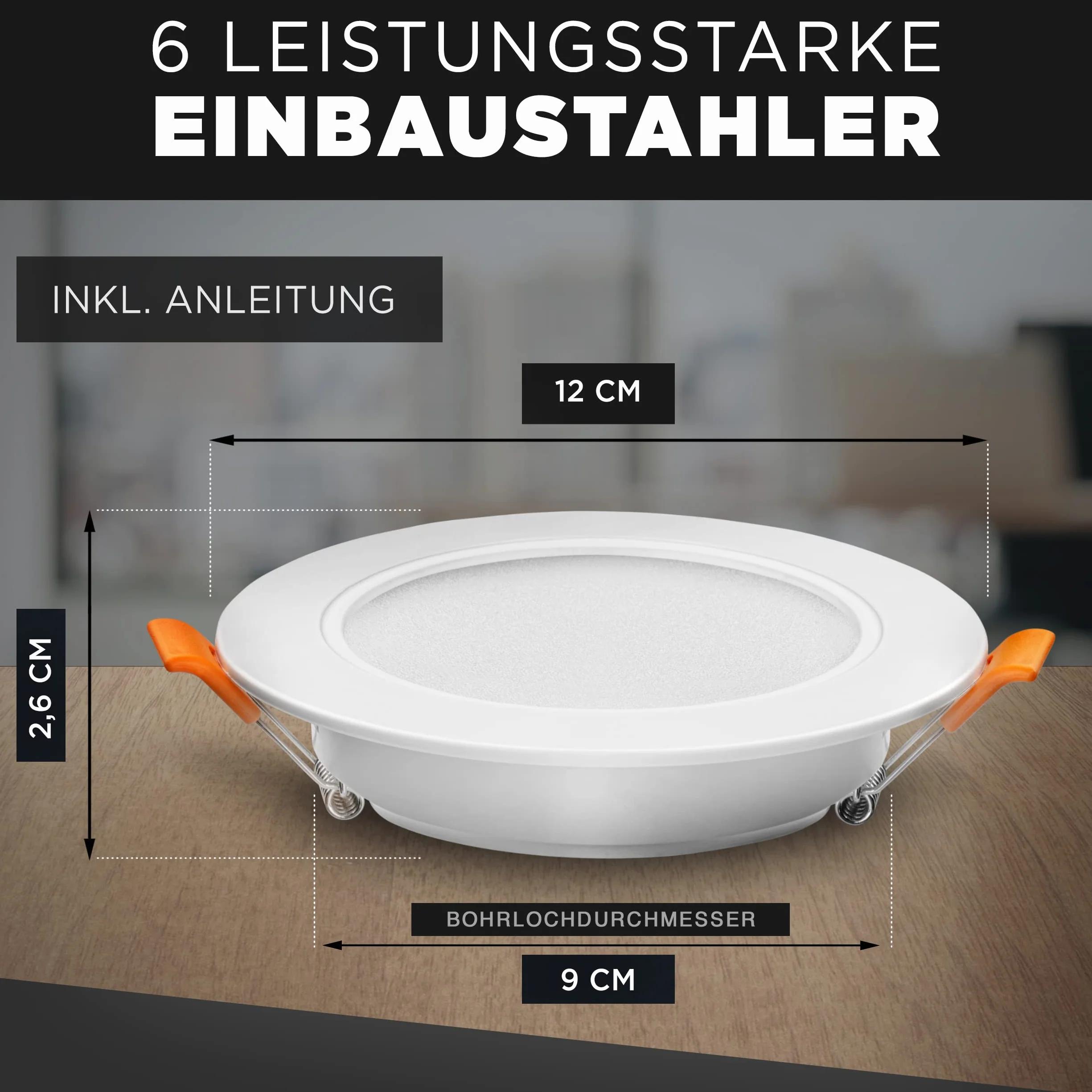 LED Einbaustrahler 230V flach [6er Set 9W] – IP54 Deckenstrahler für Bad – 3000K Warmweiß, 900lm, 90-105mm, LED Einbauleuchten Spots