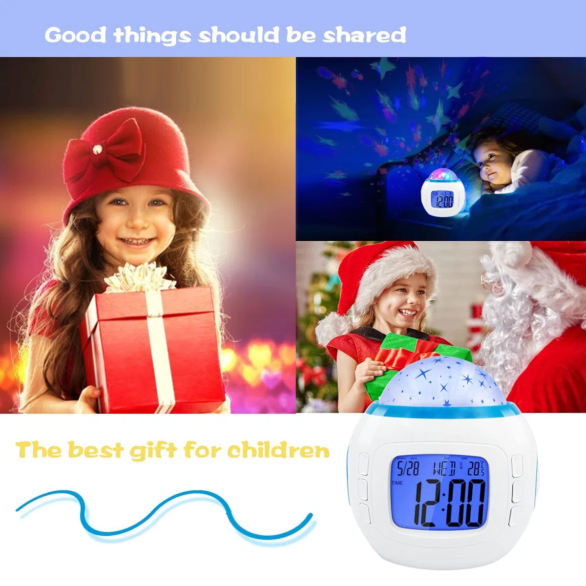 TKMARS LED Sternenhimmel Projektor Mini Kinderwecker Kalender Thermometer Wecker mit Hübschen Klängen und Animiertem