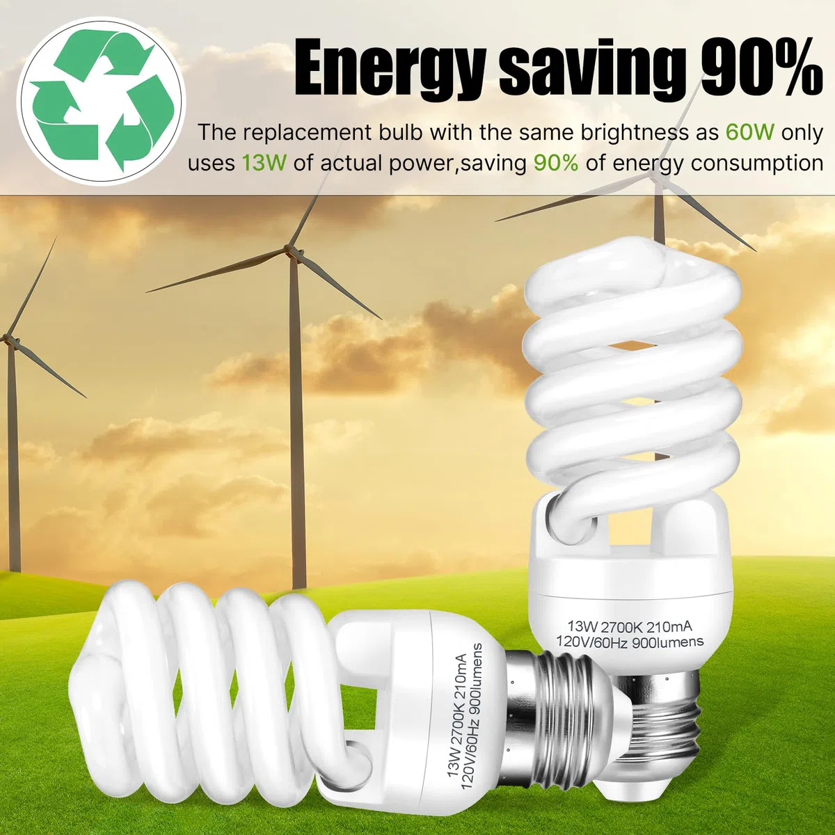 Kompaktleuchtstofflampen, E26-Sockel, T2-Spirale, 13 Watt (entspricht 60 Watt), weiches Weiß, 2700 K, 900 lm, Kompaktleuchtstofflampen, UL-geprüft, 120 V, 60 Hz, selbstvorschaltbare