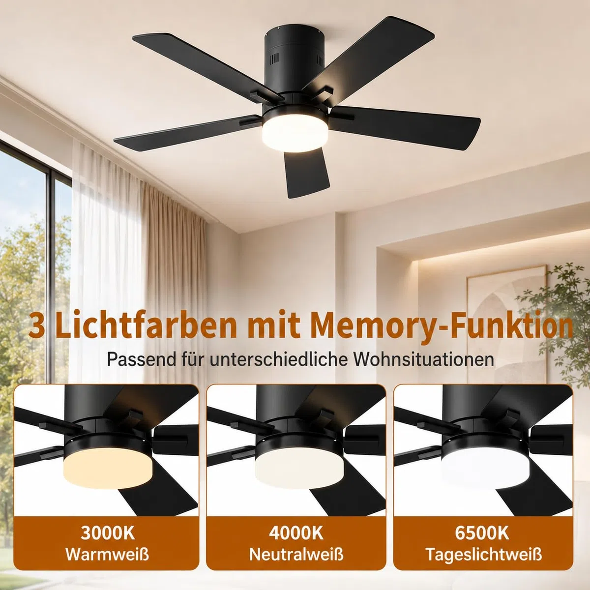 Deckenventilator mit LED Licht, 5-Flügel, leise, Sommer/Winter Modus