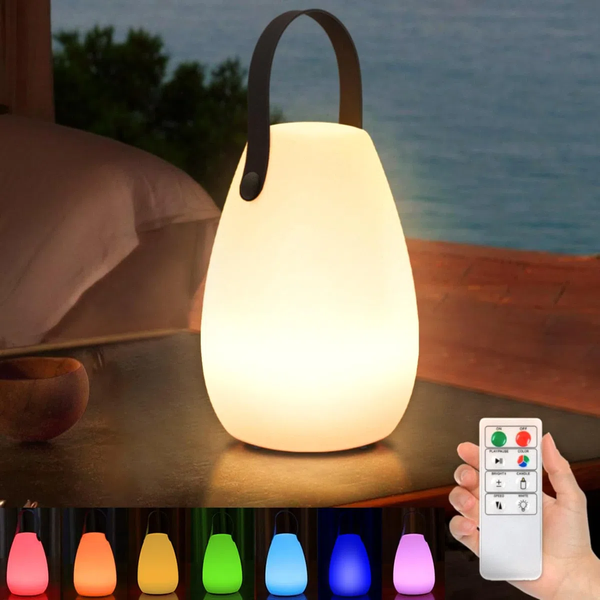 LED Akku Outdoor Lampe mit Fernbedienung Dimmbare Tischlampe Kabellos 7 Farben & Warmweiß IP44 Wasserdicht USB-C Camping Lampe für Außen, Garten, Terrasse, Esstisch, Bar 14 x 20 CM