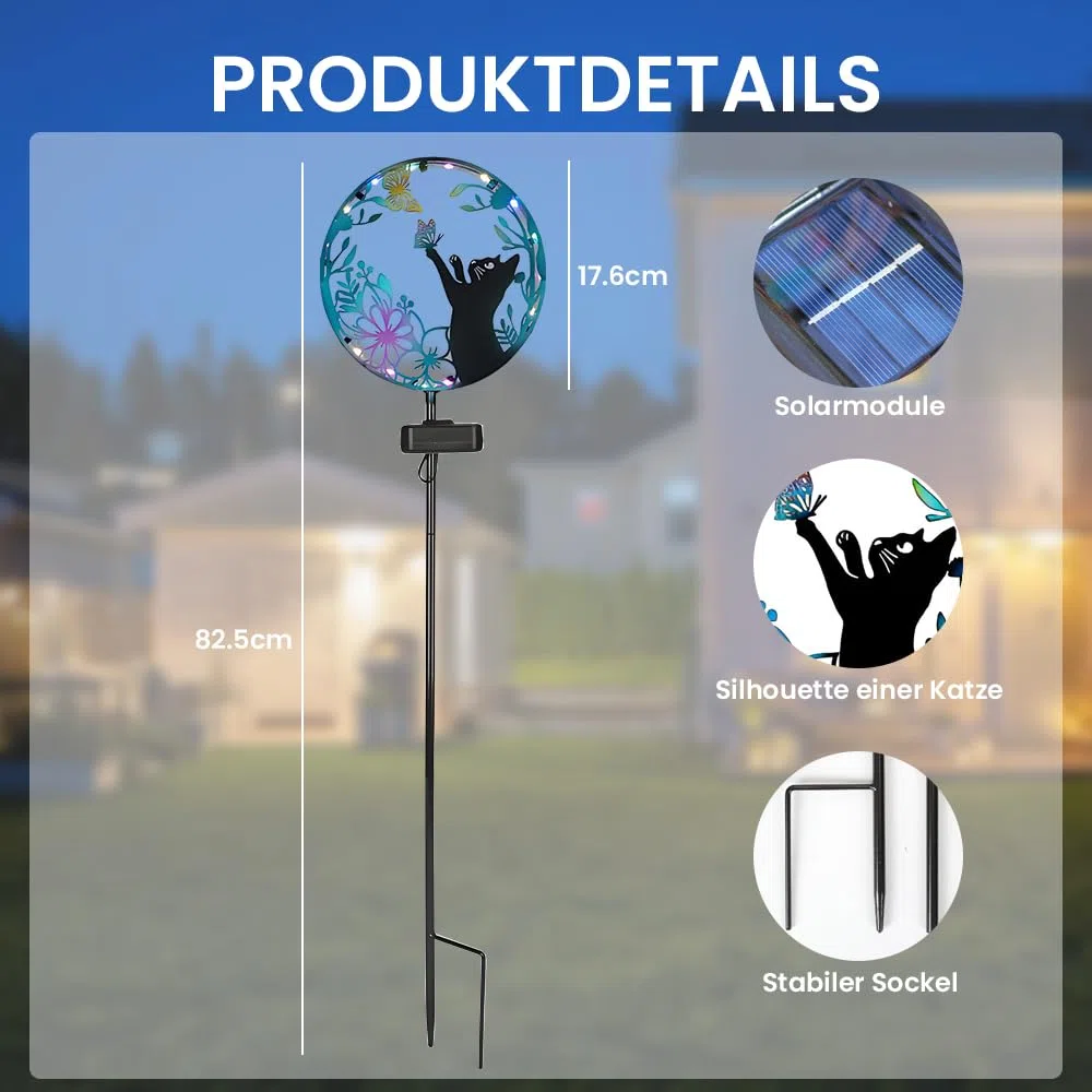 Solarstecker für Außen Garten, Solarleuchte Katze, Metall Solar Tiere für Außen Garten mit Schmetterling, Solar Gartenstecker, Gartendeko Solarlampen für Au-ßen Balkon Außenterrasse