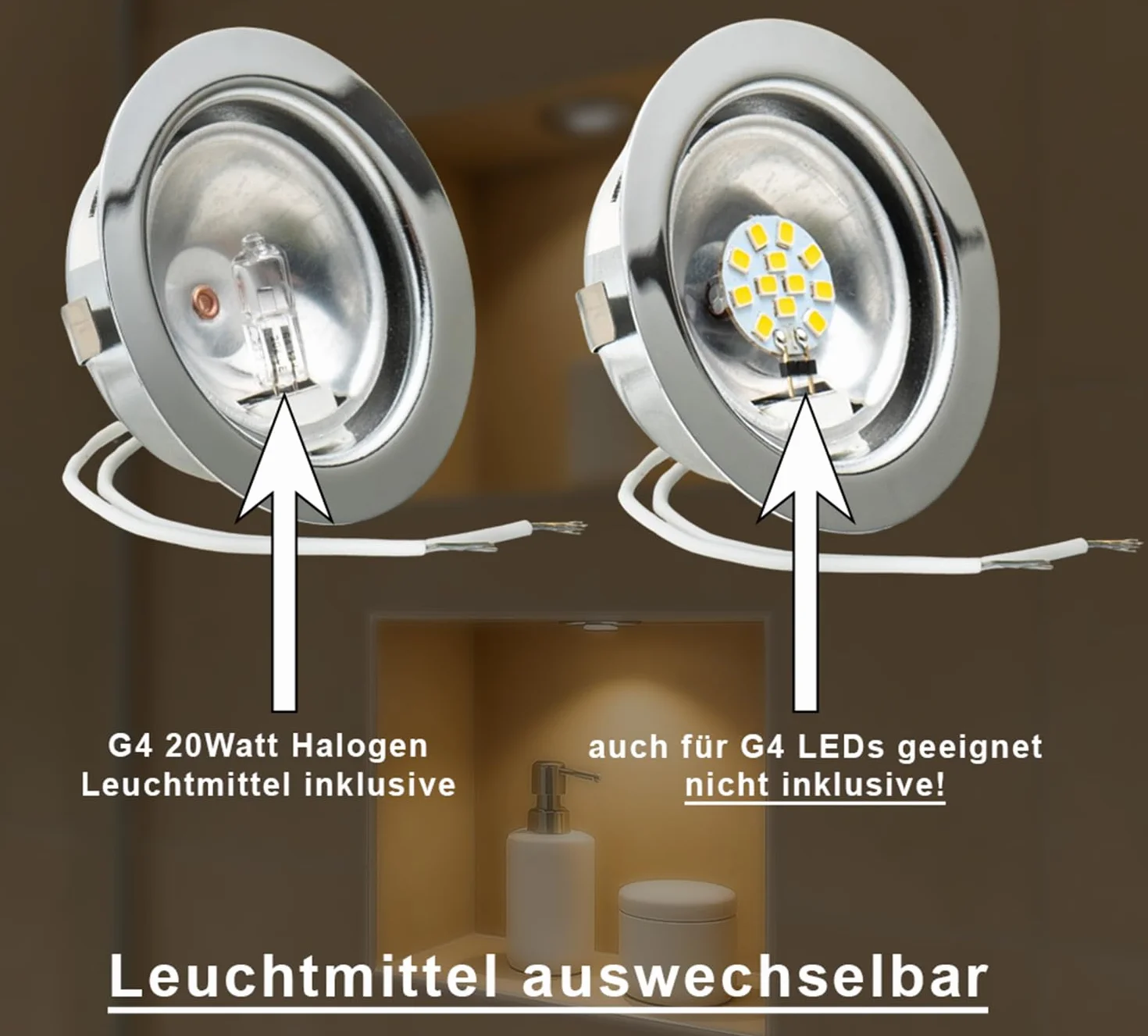 JungesLicht - Möbeleinbauleuchte 12V G4 20W, Bohrloch 55-60mm passend, Tiefe 23mm, Außen 73mm, gebürstet, (Halogen Leuchtmittel inklusive, LED geeignet), dimmbar, Möbelleuchte, Spiegelleuchte, 2 Stück