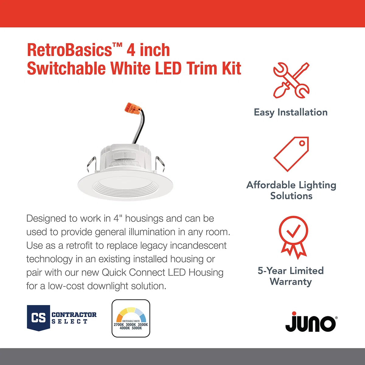 Juno RB4 SWW5 CP6 MW M2 RetroBasics Downlight Trim Kit, umschaltbare LED Weiß, Leitblechverkleidung, umschaltbare CCT, 2700K, 3000K, 4000K und 5000K, 10,2 cm, 6er-Pack, mattweiß