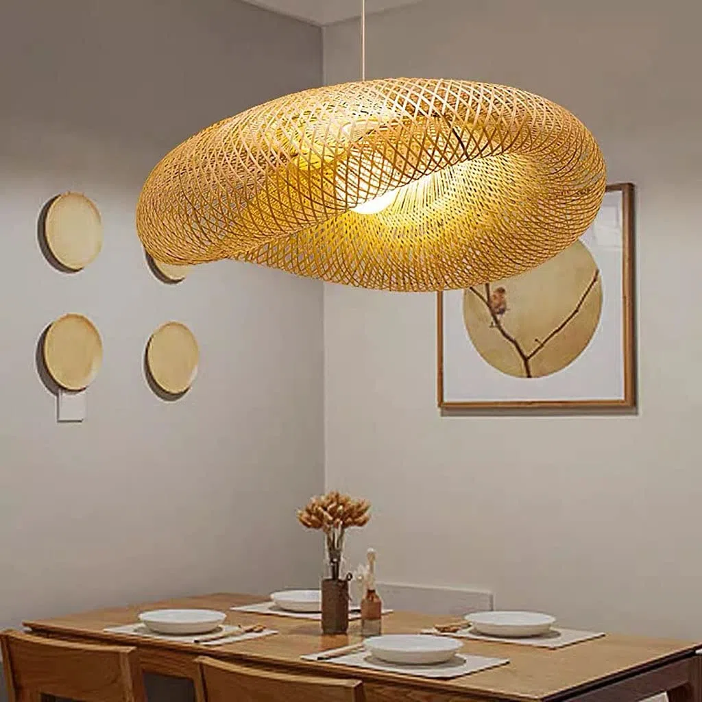 Retro Rattan Kronleuchter Handgemachte Bambus Weblampe Runde Vogelnest Pendelleuchte Pastorale Landbeleuchtung Lampen Höhenverstellbare Restaurant Bauernhaus Bambus Kunst Lichter,80cm