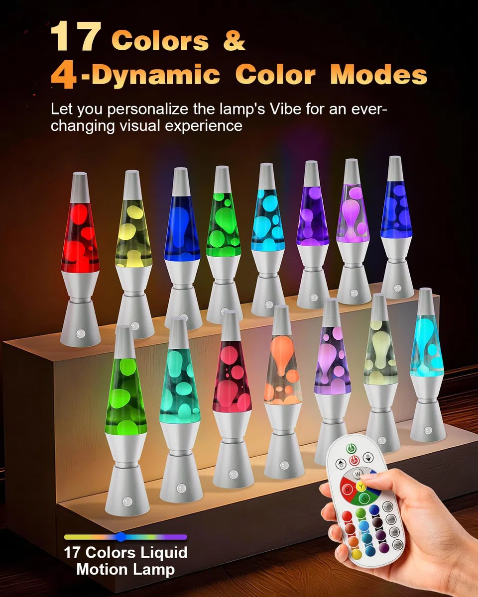 14.5" Lavalampe, Lavalampe Groß mit 17 RGB Farbwechsel & Fernbedienung, Lavalampen Glitzer für Erwachsene & Kinder, Partybeleuchtung mit Flüssigkeitseffekt (Silber, 14.5″)