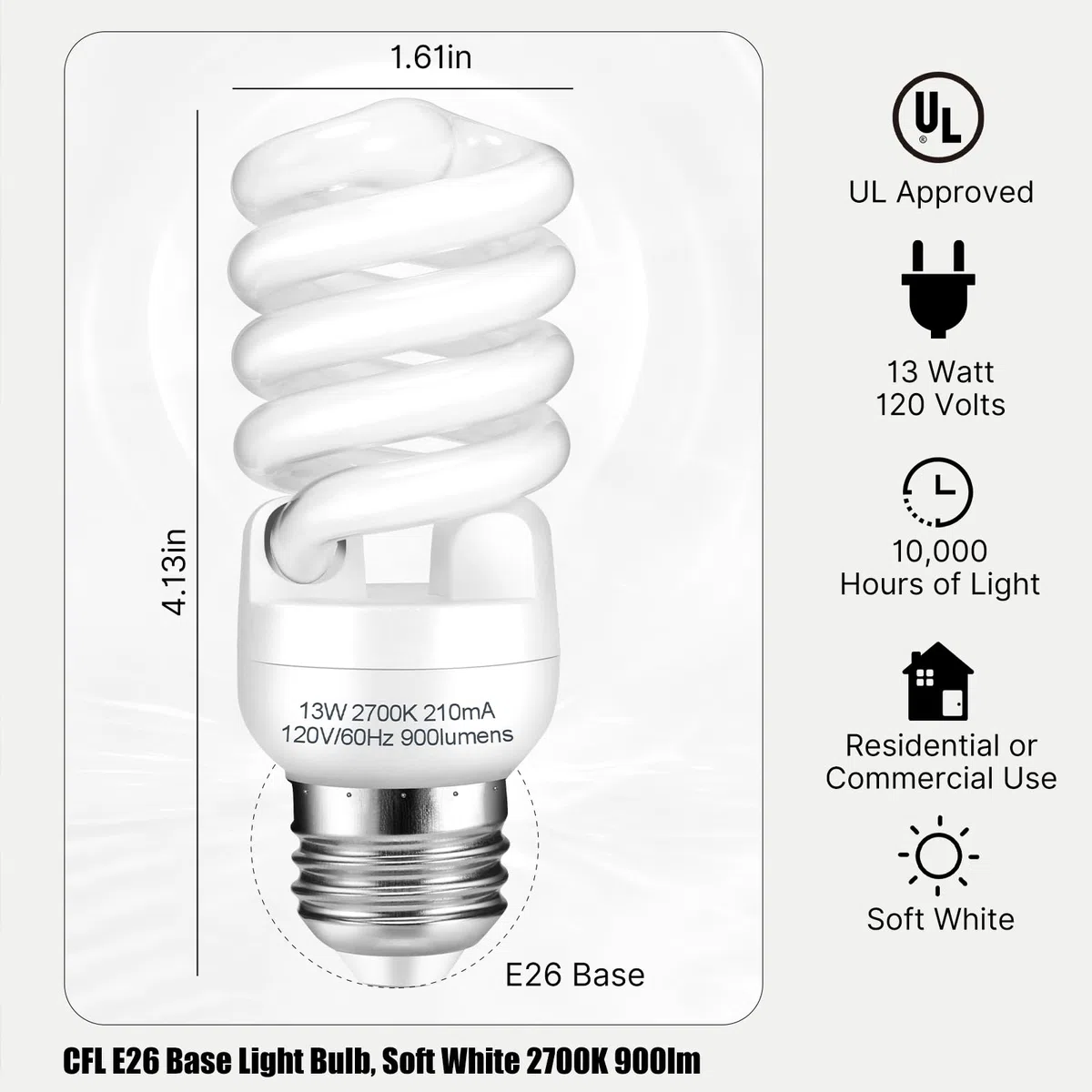 Kompaktleuchtstofflampen, E26-Sockel, T2-Spirale, 13 Watt (entspricht 60 Watt), weiches Weiß, 2700 K, 900 lm, Kompaktleuchtstofflampen, UL-geprüft, 120 V, 60 Hz, selbstvorschaltbare