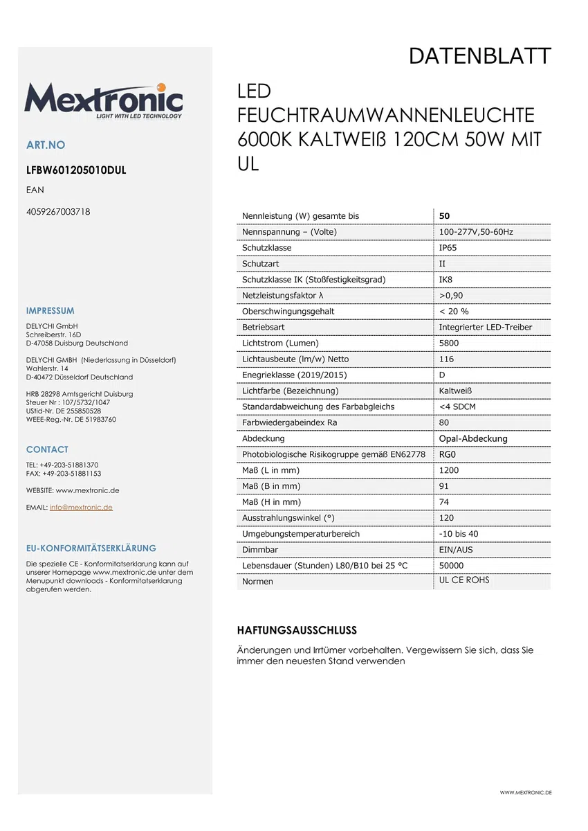 Mextronic Wannenleuchte Feuchtraumleuchte LED Feuchtraumwannenleuchte 6000K Kaltweiß 120CM 50W mit UL Langfeldleuchte, Entspricht Glühlampe: 500 Watts