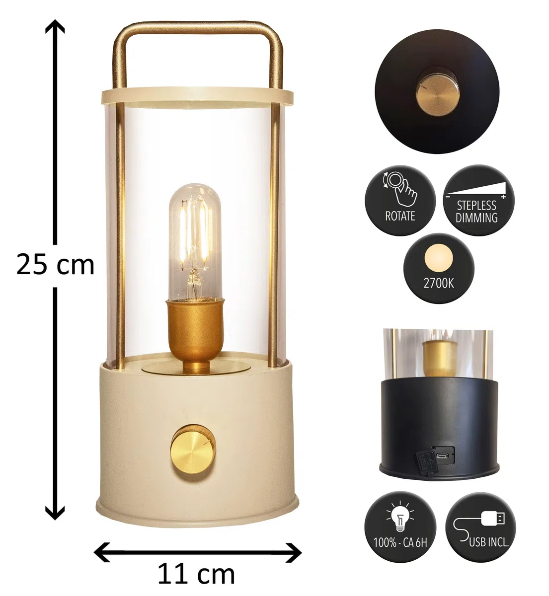 Coen Bakker LED Laterne Tischlampe dimmbar IP44 Lampe USB Warmweiß für Innen & Außen 15x11 cm Tischleuchte, Farbe:Sand