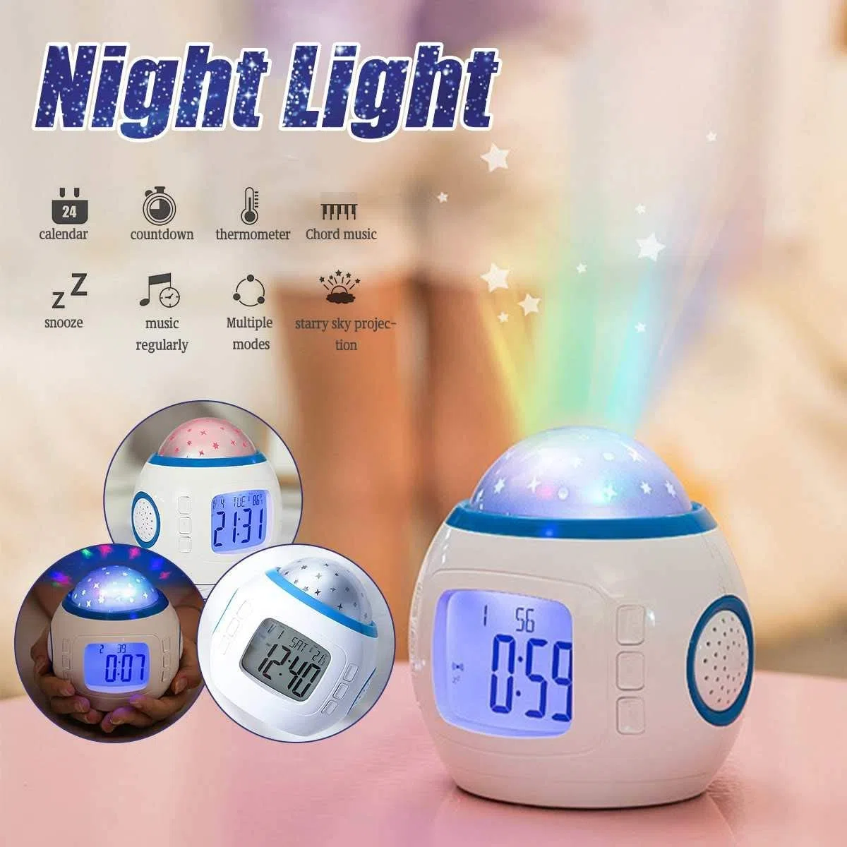 TKMARS LED Sternenhimmel Projektor Mini Kinderwecker Kalender Thermometer Wecker mit Hübschen Klängen und Animiertem