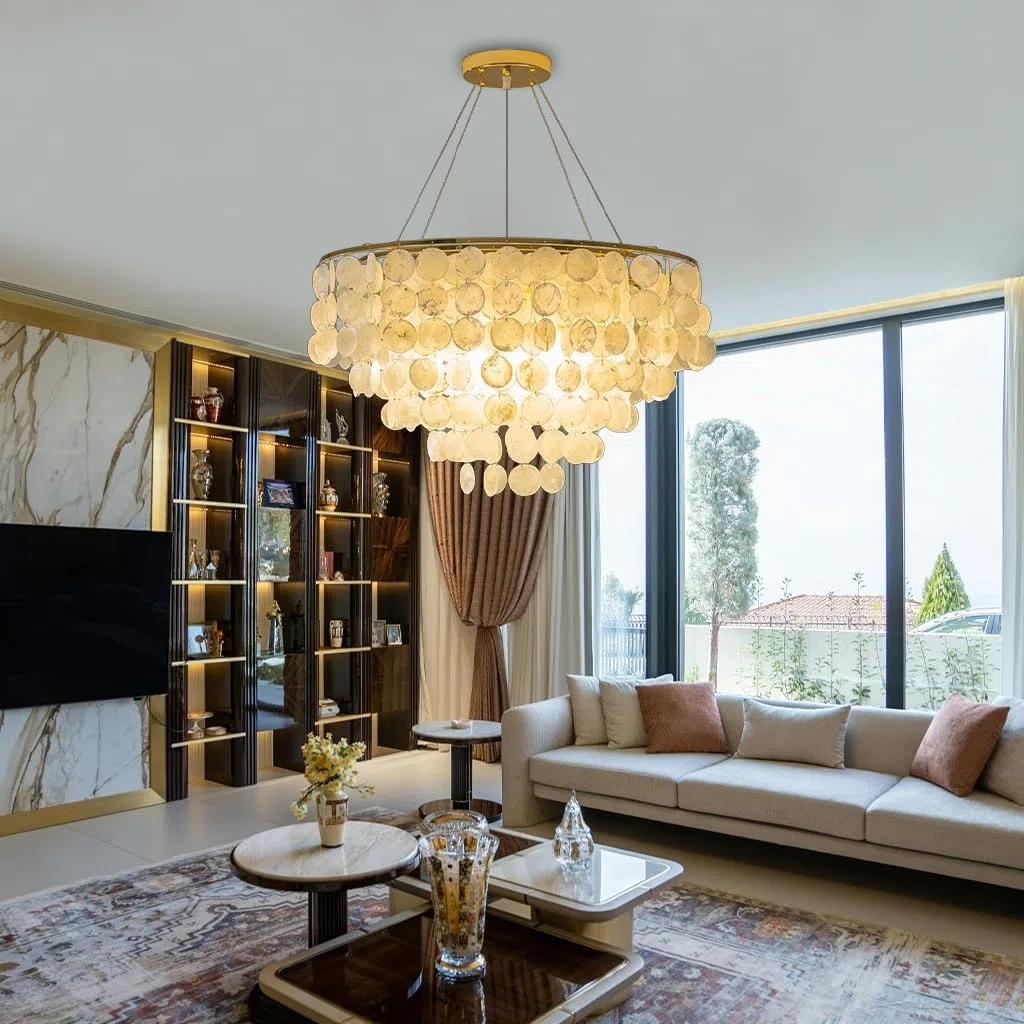 Vintage Gold Kronleuchter E14 Innendekorative Beleuchtung Natürliche Muschel Deckenlampe Höhenverstellbar Schicke Antike Capiz Muschel Beleuchtung Moderner Küstenstil Geeignet Esszimmer Wohnzim