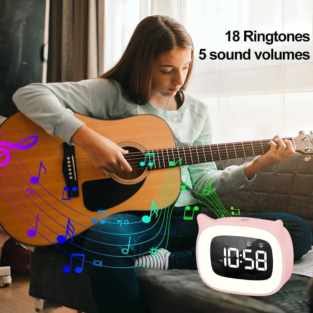 Wecker Digital Kinder, Dual-Wecker mit licht Digital, Cute Katzen Kinderwecker Nachttischlampe Snooze Funktion 18 Musik 5 Helligkeitsmodus, zeitgesteuertes Nachtlicht wecker (Rosa)