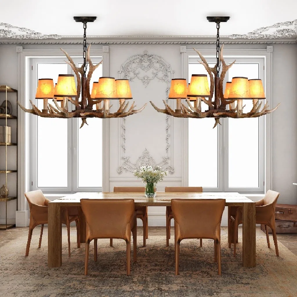 Retro Pendellampe E14 Pendelleuchte Esstischlamp Resin Geweihe Hängelampe Industriestil American Ländliche Kronleuchter Höhenverstellbarer Hängeleuchte Bar Wohnzimmer Cafe Küche Deckenleuchte(6 heads)