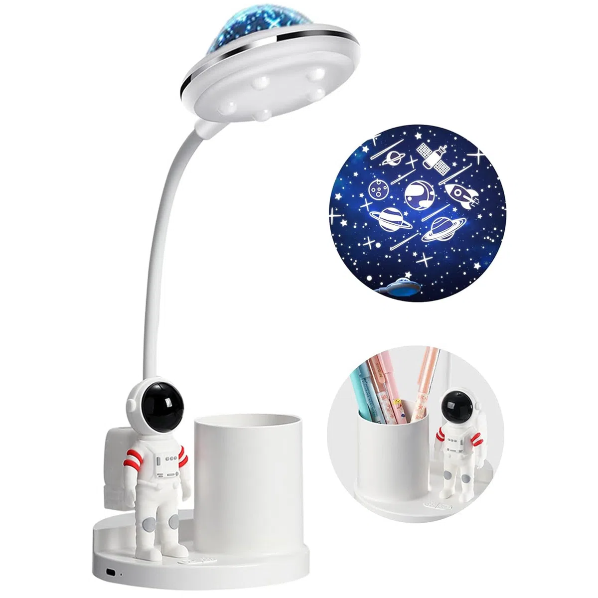 Schreibtischlampe Kinder, LED Astronaut Tragbar Tischlampe, Leselampe mit Projektion &Bleistifthalter, Schreibtischlampe Dimmbar Wiederaufladbar Lampe für Student Schlafsaal Studie Lesen