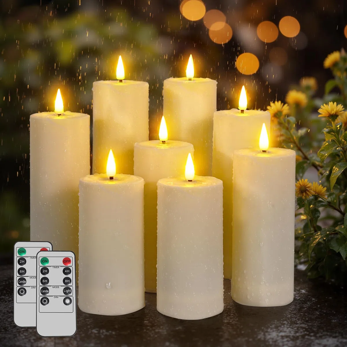 Ketom 8 Stück LED Kerzen mit Fernbedienung, Elektrische Kerzen mit Timer Outdoor, Batterie Dekorative Kerze, D5,5cm, H13/15/17/20cm, für Camping, Home Deco, Festivals, Elfenbein, Ohne Batterien