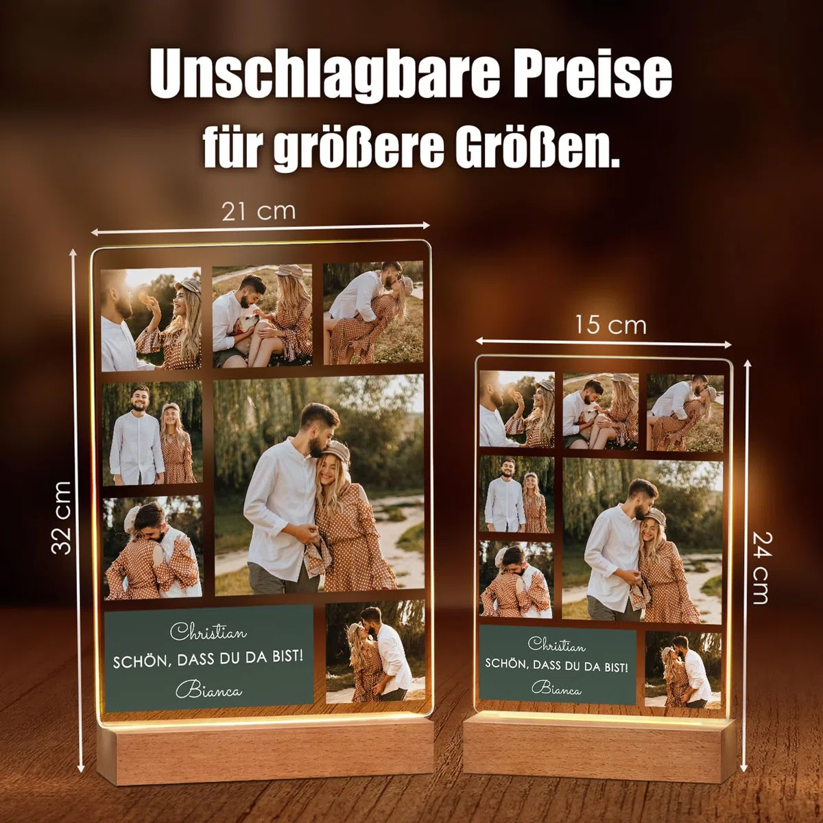 Maverton beleuchteter LED-Rahmen mit Holzständer - personalisiertes Acryl Glasbild mit eigenem Foto mit LED-Beleuchtung - Glasfoto für Männer zum Geburtstag - Größe: 15x24x4,5cm - Collage